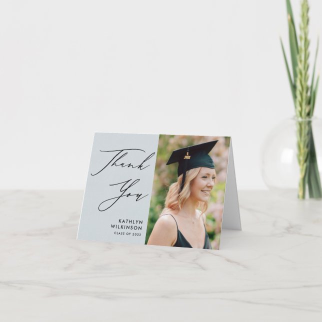 Dusty Blue Elegant Script Minimalist Graduation Thank You Card (Front)