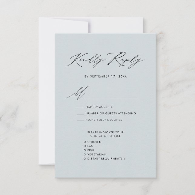 Dusty Blue Elegant Script Minimalist Wedding RSVP (Front)
