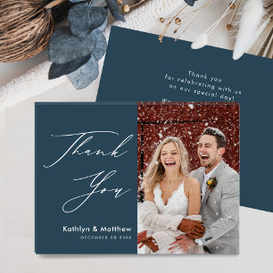 Dusty Blue Elegant Script Modern Photo Wedding Thank You Card