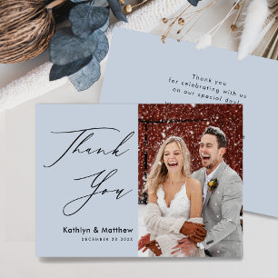 Dusty Blue Elegant Script Modern Photo Wedding Thank You Card