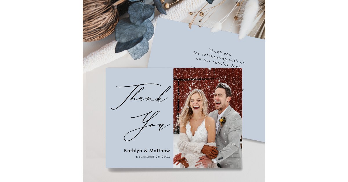 Dusty Blue Elegant Script Modern Photo Wedding Thank You Card | Zazzle