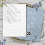 Dusty Blue Elegant Script QR Code Wedding Invitation<br><div class="desc">Featuring signature style names,  this elegant dusty blue wedding invitation can be personalised with all your special wedding day information on the front and your wedding website details and QR code on the reverse. Designed by Thisisnotme©</div>