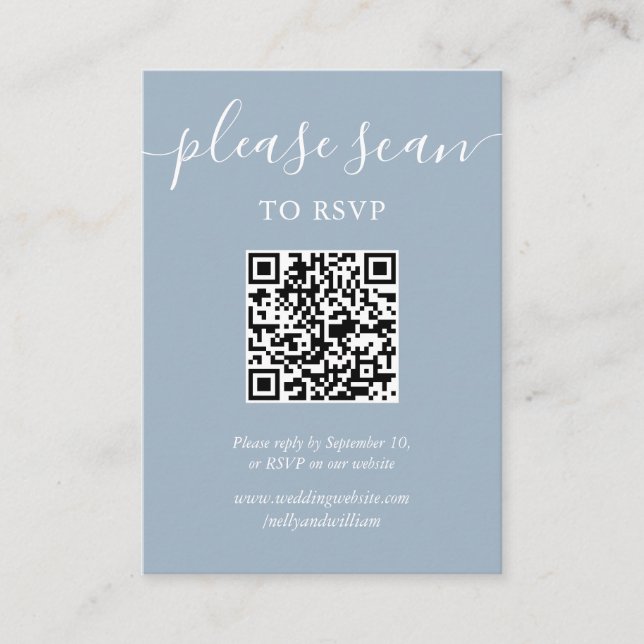 Dusty Blue Elegant Script RSVP QR Code Enclosure Card (Front)