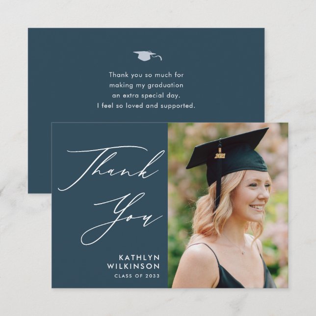 Dusty Blue Elegant Script Simple Photo Graduation Thank You Card (Front/Back)