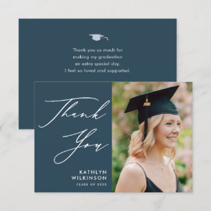 Dusty Blue Elegant Script Simple Photo Graduation Thank You Card