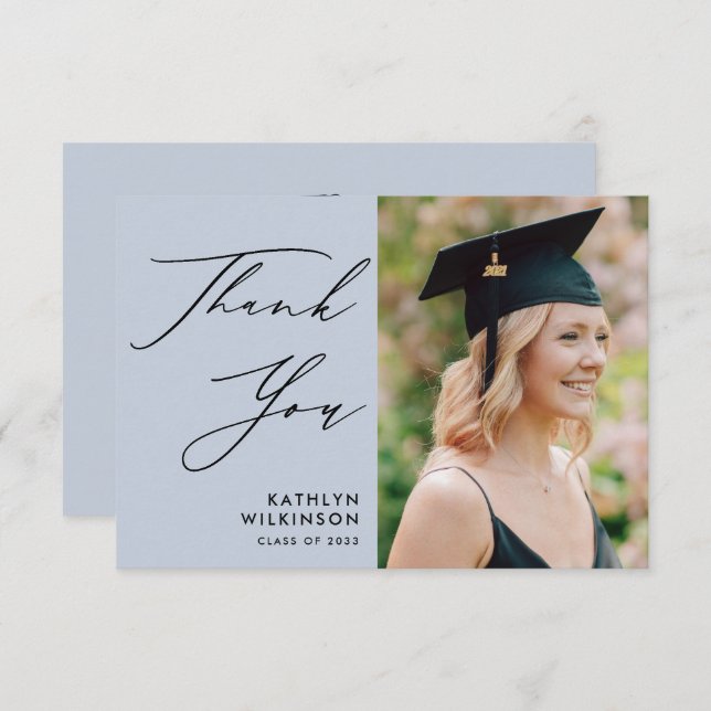 Dusty Blue Elegant Script Simple Photo Graduation Thank You Card (Front/Back)