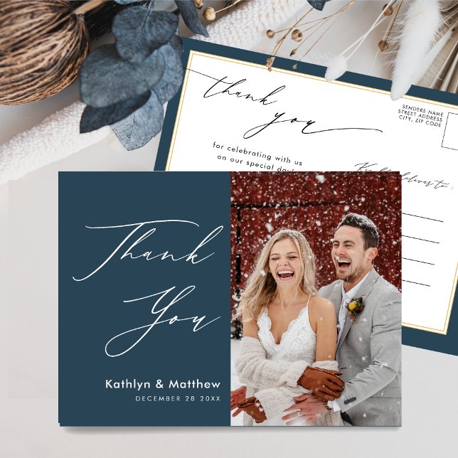 Dusty Blue Elegant Script Simple Wedding Thank You Postcard (Creator Uploaded)