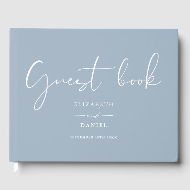 Dusty Blue Elegant Script Wedding Guest Book (Front)