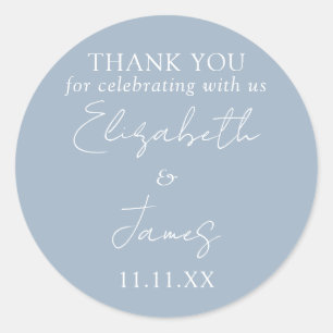 Dusty Blue Elegant Script Wedding Thank You Classic Round Sticker