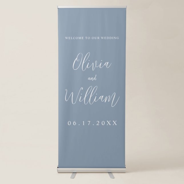 Dusty Blue Elegant Script Wedding Welcome Retractable Banner (Front)