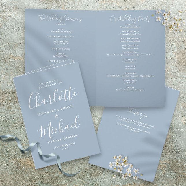 Dusty Blue Elegant Signature Script Wedding Programme (Dusty Blue Elegant Signature Script Wedding Program)