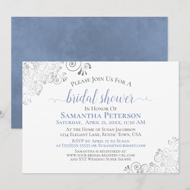 Dusty Blue Elegant Silver on White Bridal Shower Invitation (Front/Back)