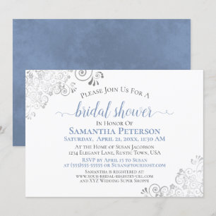 Dusty Blue Elegant Silver on White Bridal Shower Invitation