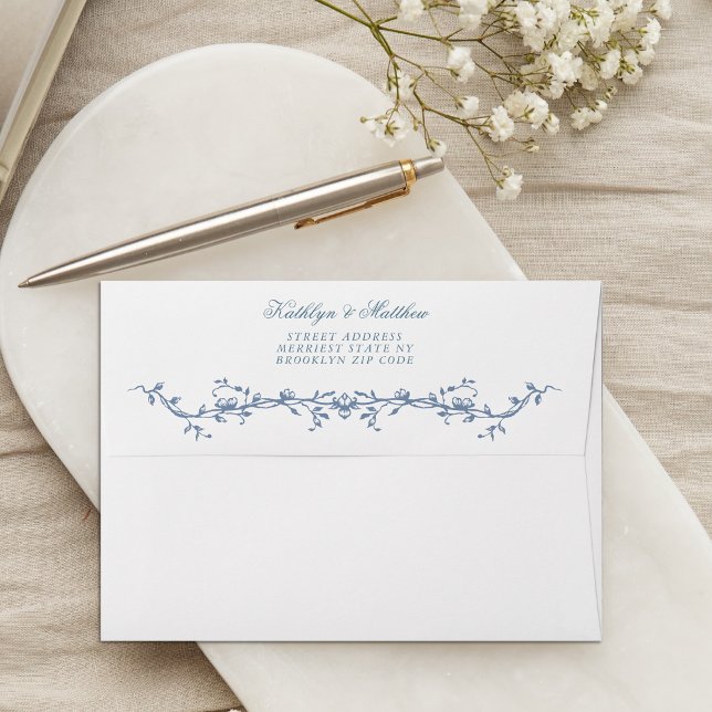 Dusty Blue Elegant Vintage Floral Wedding Envelope (Creator Uploaded)