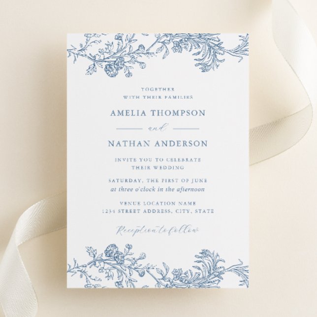Dusty Blue Elegant Vintage Floral Wedding Invitation (Creator Uploaded)
