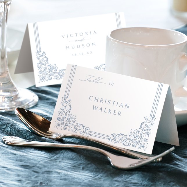 Dusty Blue Elegant Vintage Foldable Place Card (Dusty Blue Elegant Vintage Foldable Place Card)