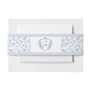 Dusty Blue Elegant Vintage Roses Crest Wedding Invitation Belly Band