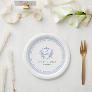 Dusty Blue Elegant Vintage Roses Crest Wedding Paper Plate