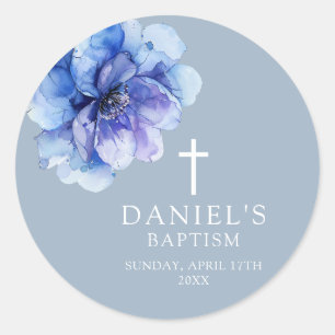 Dusty Blue Elegant Watercolor Floral Baptism Classic Round Sticker