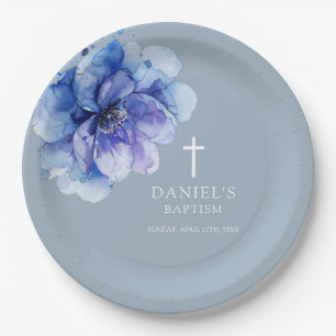 Dusty Blue Elegant Watercolor Floral Baptism Paper Plate