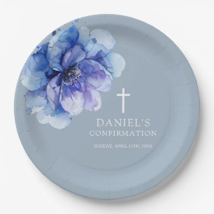 Dusty Blue Elegant Watercolor Floral Confirmation Paper Plate