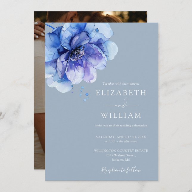 Dusty Blue Elegant Watercolor Floral Photo Wedding Invitation (Front/Back)