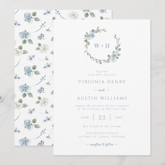 Dusty Blue Elegant Wedding Invitation (Front/Back)
