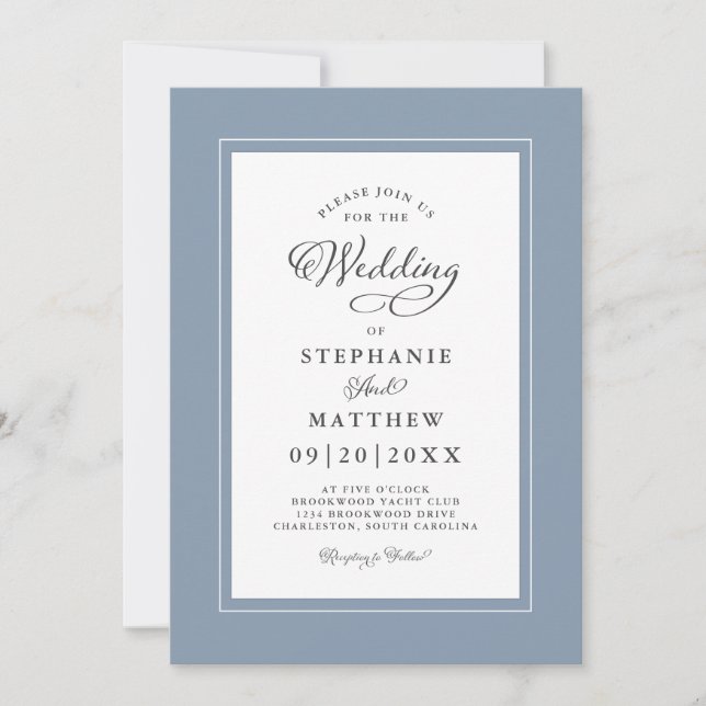 Dusty Blue Elegant Wedding Modern Calligraphy Invitation (Front)