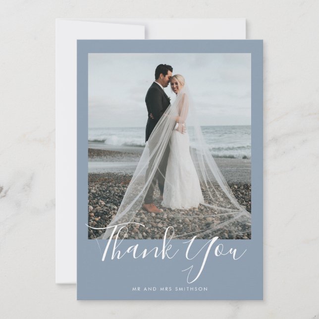 Dusty Blue Elegant Wedding Thank You Card (Front)