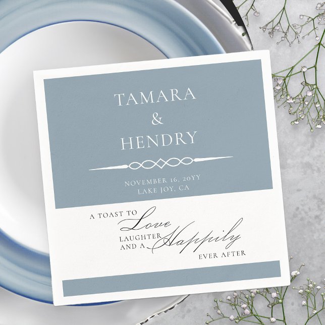 Dusty Blue Elegant Wedding Toast Personalised Napkin (Wedding Toast Cocktail Napkins in Dusty Blue from my Wedding Colors collection)