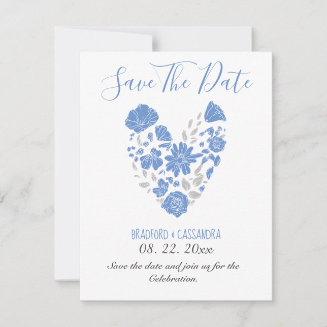 Dusty Blue Elegant White Gray Floral Heart Wedding Save The Date (Front)
