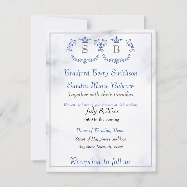 Dusty Blue Elegant White Grey Floral Heart Wedding Save The Date (Front)