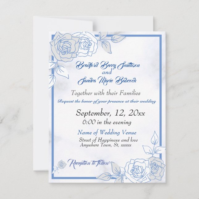 Dusty Blue Elegant White Grey Floral Heart Wedding Save The Date (Front)