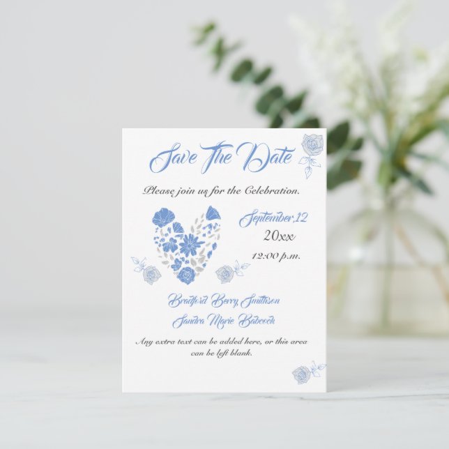 Dusty Blue Elegant White Grey Floral Heart Wedding Save The Date (Standing Front)
