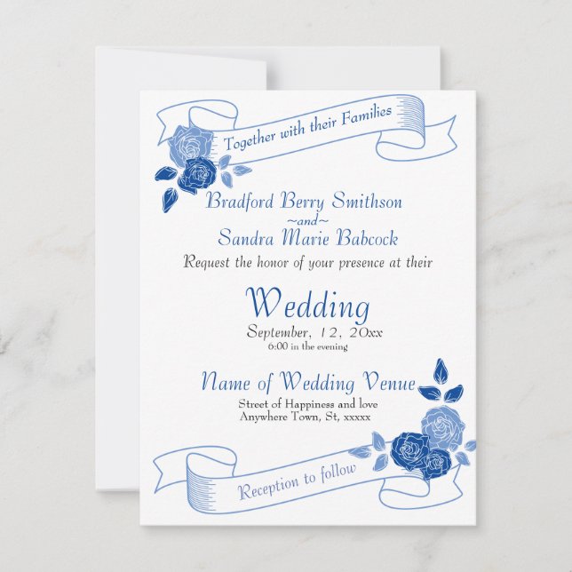 Dusty Blue Elegant White Grey Floral Heart Wedding Save The Date (Front)
