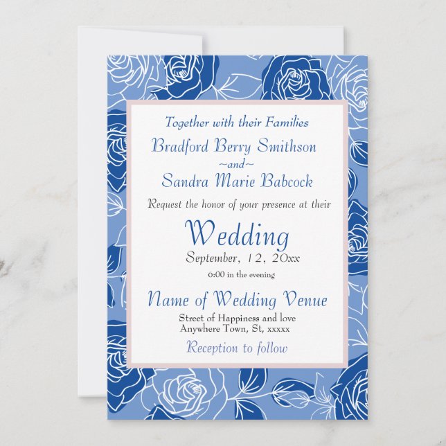 Dusty Blue Elegant White Grey Floral Rose Wedding Invitation (Front)