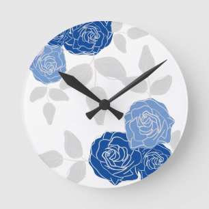 Dusty Blue Elegant White Grey Floral Simple Round Clock