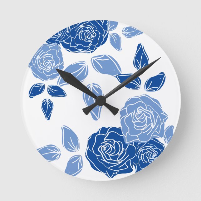 Dusty Blue Elegant White Grey Floral Simple Round Clock (Front)