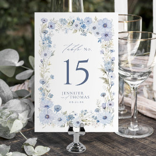 Dusty Blue Elegant Wildflower Border Wedding Table Number