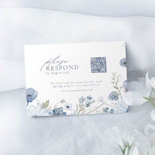 Dusty Blue Elegant Wildflower Wedding QR code RSVP Card