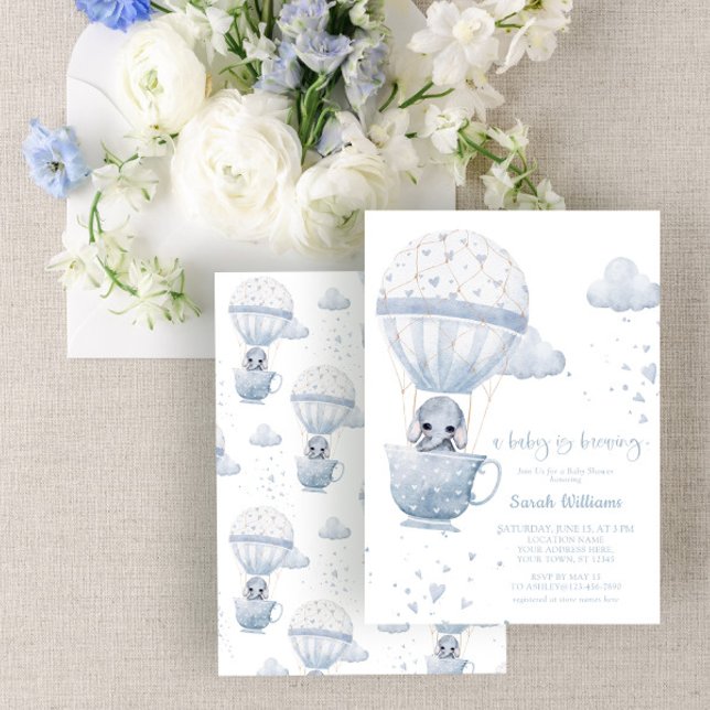 Dusty Blue Elephant Baby is Brewing Baby Shower Invitation (Creator Uploaded)