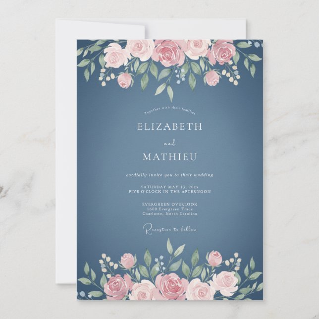 Dusty Blue Enchanting Rose Wedding Invitation (Front)