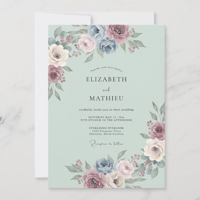 Dusty Blue Ethereal Blossom Wedding Invitation (Front)