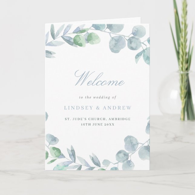 Dusty Blue Ethereal Eucalyptus Folded Wedding Programme (Front)