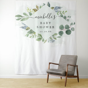 Dusty Blue Eucalyptus Baby Shower Decor Backdrop Tapestry