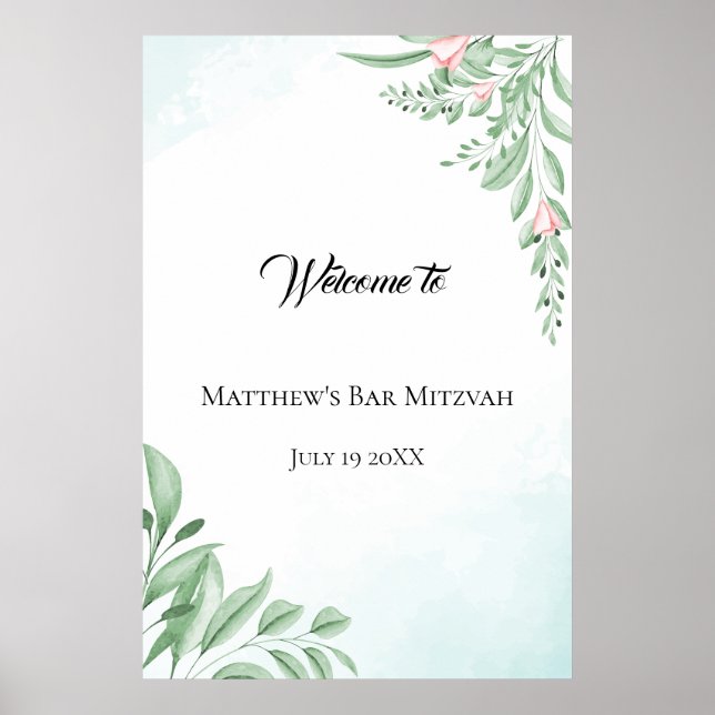 Dusty Blue Eucalyptus Bar Bat Mitzvah Welcome Poster (Front)