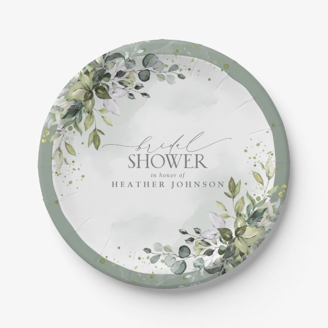 Dusty Blue Eucalyptus Botanical Bridal Shower Paper Plate (Front)