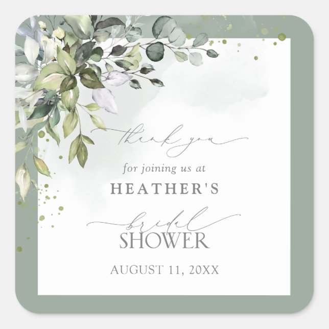 Dusty Blue Eucalyptus Botanical Bridal Shower Square Sticker (Front)