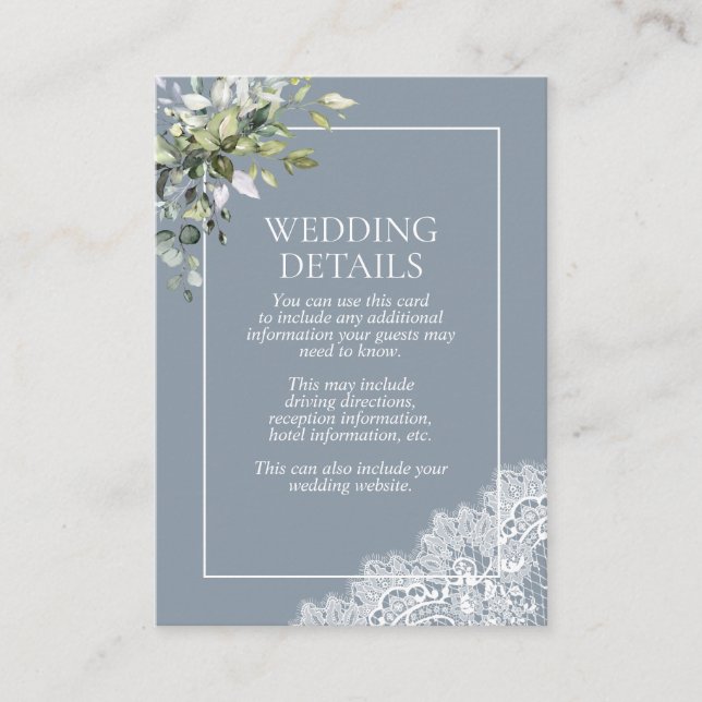 Dusty Blue Eucalyptus Botanical Lace Details Enclosure Card (Front)
