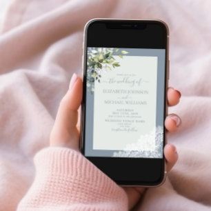 Dusty Blue Eucalyptus Botanical Wood Photo Wedding Invitation